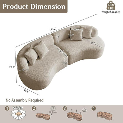 113" Curved Sectional Sofa Modern Cream Cloud Couch Modular Sectional Couches for Living Room Boneless Cloud Sofa Boucle Loveseat Comfy Chenille Deep Seat with 4 Pillows, Light Brown