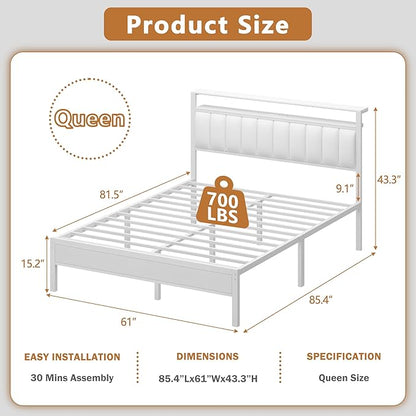 Furnulem White Queen Bed Frame with Charging Station & Led Lights, PU Leather Upholstered Headboard with 2-Tier Storage Shelves, No Box Spring Needed, Metal Slat Support, Easy Assembly
