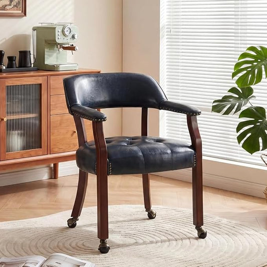 LEEMTORIG Large Dining Chairs with Casters and Arms, Rolling Dining Chairs with Wheels, Solid Wood Boss Caption's Chairs Office Desk Chairs, 26"D x 25.2"W x 31.5"H, Cherry Legs & Blue PU SY-1533-LB
