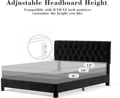Vipbear King Bed Frame, Velvet Fabric Upholstered Platform Bed with Button Tufted Headboard, Strong Wooden Slats Support, Noise Free, Easy Assembly, Adjustable Headboard, No Box Spring Needed, Black | Plush velvet