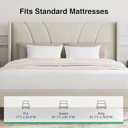 Novilla Full Size Bed Frame, Full Bed Frame with Headboard, Velvet Upholstered Wing Side Headboard, No Box Spring Needed, Heavy Duty Feet, Easy Assembly, White Velvet