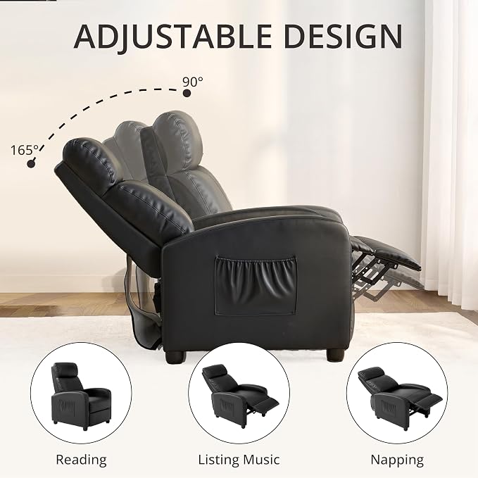 Leather Recliner Chair for Living Room, Modern Adjustable Home Theater Seating Single Sofa with Adjustable Backrest & Padded Armrests, Manual Push Back Armchair for Small Spaces,Black