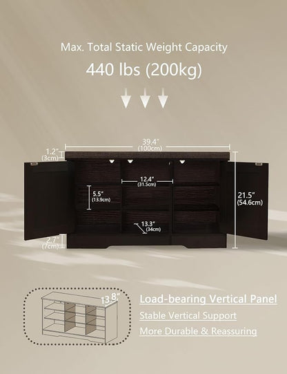 DINZI LVJ Shoe Bench, Entryway Storage Bench with Doors, Cushion, 3-Tier Shoe Rack with 9-Cubby, 39.4" L x 13.8" W Shoe Organizer Cabinet, Fully Adjustable Shelves, Living Room, Bedroom, Espresso
