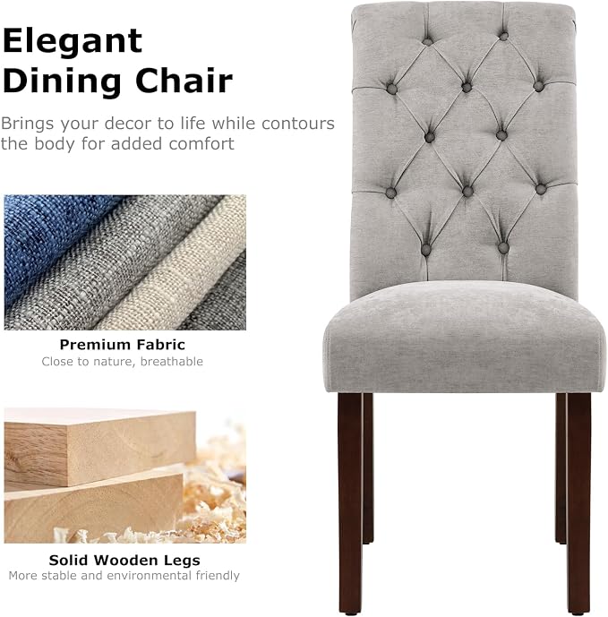 COLAMY Button Tufted Dining Chairs Set of 4, Parsons Upholstered Fabric Dining Room Chairs Kitchen Chairs with Wood Legs and Padded Seat, Light Grey