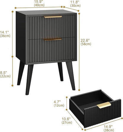 YAUKOMEL Black Nightstand,Mid Century Modern Bedside Table, Fluted Nightstand with 2 Drawers,Side Table with Wood Legs, End Table for Bedroom,Apartment,Dormitory,Small Space Black CTG55BK