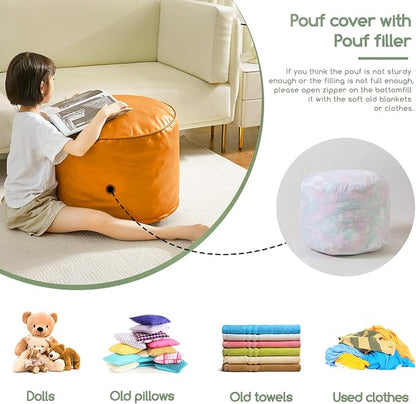 HIGOGOGO Round Stuffed Pouf Ottoman, Pu Leather Poufs with Foam Chunk Filling, Furry and Fluffy Pouf Foot Stool Storage Ottoman, 20 X 15 Floor Poufs Foot Rest for Living Room, Orange