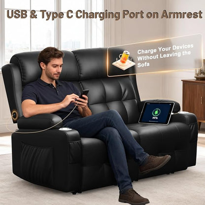 Reclining Loveseat, 55.1" RV PU Leather Wall Hugger Recliner Love Seats Sofa with Charging Station, Removable Armrest, Cup Holder, Double Recliners Couch, Manual Love Seat for Living Room