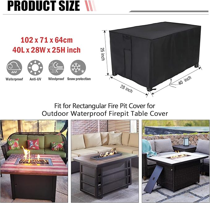 Rectangular Fire Pit Cover 40 inch, Propane Gas Fire Pit Table Cover,Outdoor Waterproof Firepit Table Cover - 40 X 28 X 25 Inch