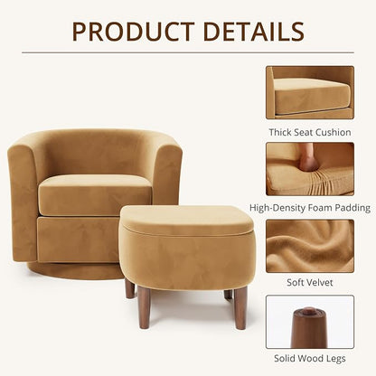 Swivel Accent Chair with Storage Ottoman, Modern Velvet Barrel Chair, Upholstered Armchair with Footrest for Living Room/Reading/Bedroom, 25.4'' D x 28.35'' W x 24.4'' H, Yellow
