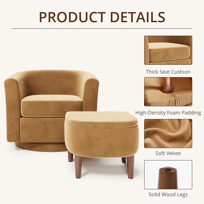 Swivel Accent Chair with Storage Ottoman Set of 2, Modern Velvet Barrel Chair, Upholstered Armchair with Footrest for Living Room/Reading/Bedroom, 25.4'' D x 28.35'' W x 24.4'' H, Yellow