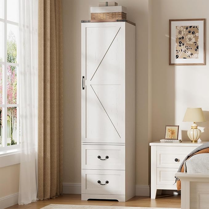 Vabches 71” Tall Farmhouse Armoire Wardrobe Closet, Rustic Narrow Wooden Cabinet for Clothing with Single Door (Reversible Hinge), 2 Large Storage Drawers, Hanging Rod & Adjustable Shelf