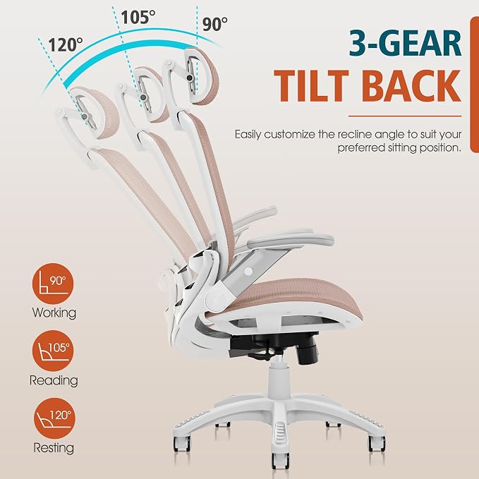GABRYLLY Ergonomic Office Chair, High Back Home Desk Chair with Headrest, Flip-Up Arms, 90-120° Tilt Lock and Wide Cushion, 300LBS Mesh Chairs for Man Woman, White Task Chair(Pink,GY01WPK)