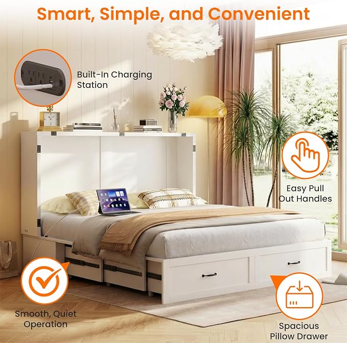 CECER Queen Size Murphy Bed with Storage & Charging Station,Multi-Functional Murphy Cabinet Bed with Mattress Included for Bedroom/Guest Room/Small Space,Easy Assembly -White | Built-in Multi-Port Charging Station ＆ Large Storage Drawer，Sturdy frame ＆ ...