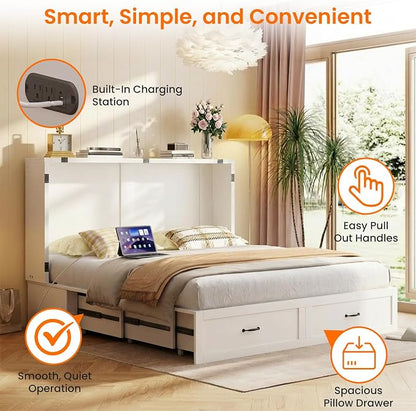 CECER Queen Size Murphy Bed with Storage & Charging Station,Multi-Functional Murphy Cabinet Bed with Mattress Included for Bedroom/Guest Room/Small Space,Easy Assembly -White | Built-in Multi-Port Charging Station ＆ Large Storage Drawer，Sturdy frame ＆ ...