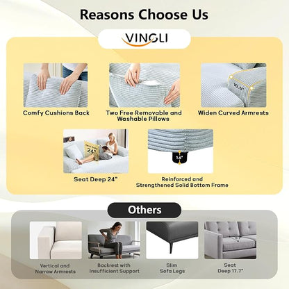VINGLI 72" W Boneless Loveseat Sofa, Cloud Corduroy Couch in a Box, Compressed Deep Seat Sofa with 10.6" Wide Curved Armrests, Easy Assembly Required for Living Room, Apartments & Office, Light Blue