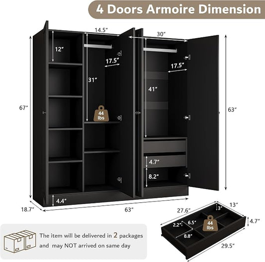 iPormis 4 Doors Armoire Wardrobe Closet with 2 Drawers, 63" Large Wardrobe Cabinet with Removable Hanging Rods and Adjustable Shelves, Closet Storage Cabinet for Bedroom, Cloak Room, Black