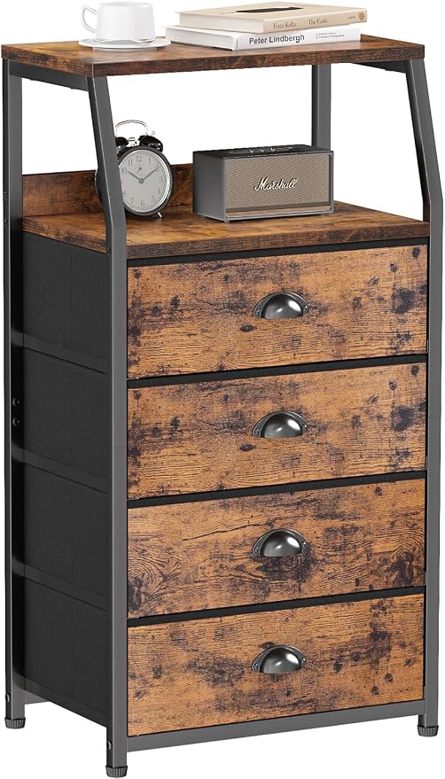 Furnulem Night Stand, Tall 4 Drawers Dresser for Bedroom, Hallway, Nursery, Closet Organizer, Nightstand Bedside Table Furniture, Vertical Storage Tower Fabric, Sturdy Steel Frame, Wood Top