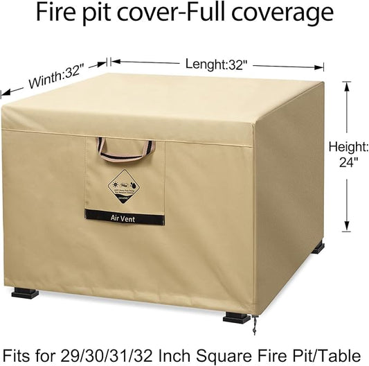738N Max Tension, Gas Fire Pit Cover Square, Fits for 29/30/31/32 Inch, 600D Upgraded Extra Dense Heavy Duty Fabric, Waterproof, Tear Resistant, Outdoor Fire Table Cover, 32''L x 32''W x 24''H -Beige
