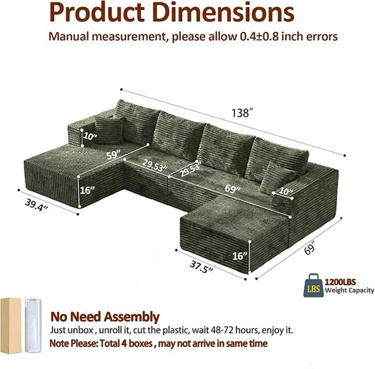 138" Modern Modular Sectional Sofa, U-Shaped Cloud Couch, Soft Corduroy Boneless Couch with 3060 High Rebound Memory Foam, Sectional Couches for Living Room-Green(Left Facing Chaise)