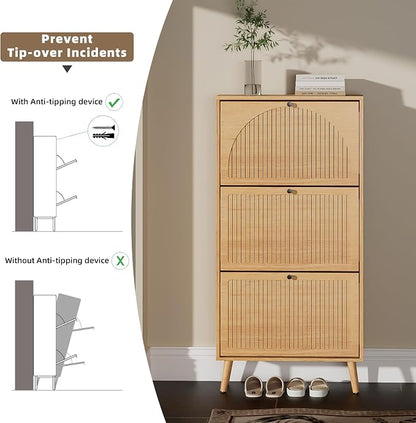 Fsbecl Shoe Storage Cabinet for Entryway with 3 Flip Drawers, Narrow Shoe Organizer with Fluted Panel, Freestanding Wood Hidden Shoe Cabinet for Hallway (Wood Color, 23.6''W, Single Layer)