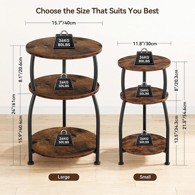 Round Side Table, 3-Tier End Table with Storage Shelf, 15.7" Wide Nightstand for Small Spaces, Tall Sofa Table Capable of Holding Laptops & Lamps, Bedside Table for Bedroom & Living Room, Rustic Brown