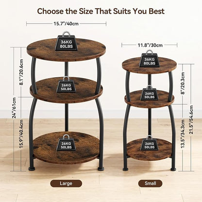 Round Side Table, 3-Tier End Table with Storage Shelf, 15.7" Wide Nightstand for Small Spaces, Tall Sofa Table Capable of Holding Laptops & Lamps, Bedside Table for Bedroom & Living Room, Rustic Brown