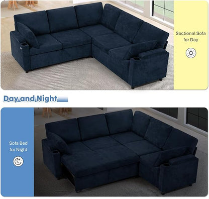 85" Chenille Sectional Sofa w/Pull Out Bed & Storage Space, Blue | Upholstery L Shaped Couch w/Cup Holders, Modern Corner Sofa w/USB Charging Port & Throw Pillow for Living Room