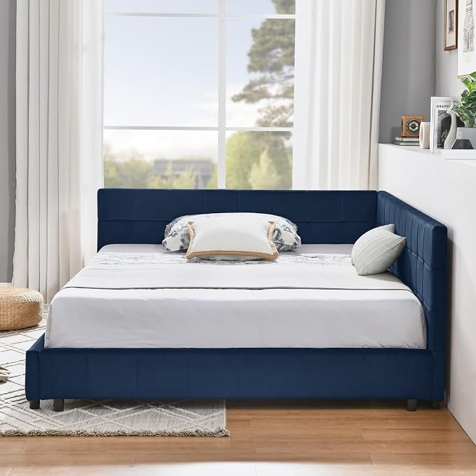 KEIKI Full Size L Shape Corner Bed Frames with Backrest and Armrests, Velvet Upholstered Sofa Daybed for Small Room, Living Room, Bedroom, Guest Room, Kids' Room