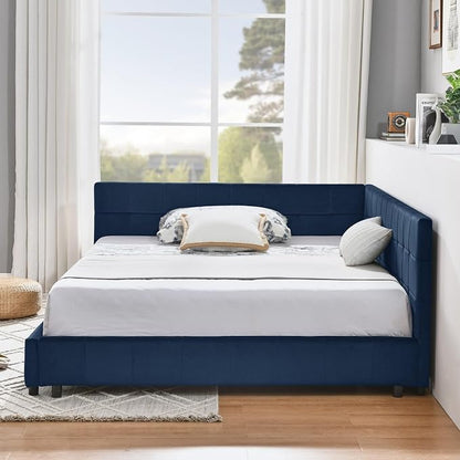 KEIKI Full Size L Shape Corner Bed Frames with Backrest and Armrests, Velvet Upholstered Sofa Daybed for Small Room, Living Room, Bedroom, Guest Room, Kids' Room