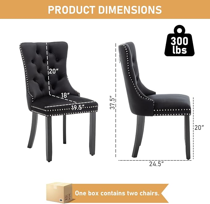 Mid Century Modern Dining Chair Set of 2 Velvet Upholstered Dining Accent Chair Farmhouse Dining Chairs with High Back and Nailhead Trim for Kitchen, Living Room, Bedroom (Black)