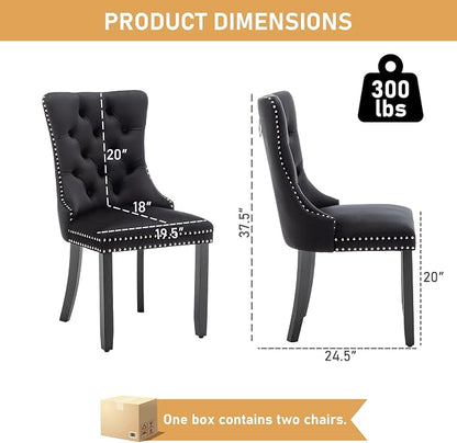 Mid Century Modern Dining Chair Set of 2 Velvet Upholstered Dining Accent Chair Farmhouse Dining Chairs with High Back and Nailhead Trim for Kitchen, Living Room, Bedroom (Black)
