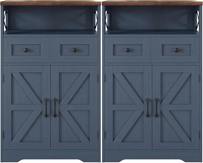 Blue Farmhouse Storage Cabinet Set of 2, Small Kitchen Pantry Storage Cabinet with Drawers and Adjustable Shelves, Sideboard Buffet Coffee Bar Cabinet for Living Room/Dining Room/Bathroom/Home Office