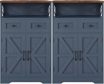 Blue Farmhouse Storage Cabinet Set of 2, Small Kitchen Pantry Storage Cabinet with Drawers and Adjustable Shelves, Sideboard Buffet Coffee Bar Cabinet for Living Room/Dining Room/Bathroom/Home Office