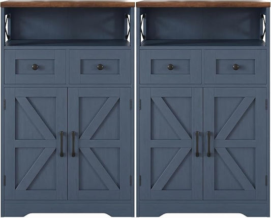 Blue Farmhouse Storage Cabinet Set of 2, Small Kitchen Pantry Storage Cabinet with Drawers and Adjustable Shelves, Sideboard Buffet Coffee Bar Cabinet for Living Room/Dining Room/Bathroom/Home Office