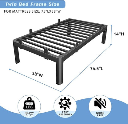 14 Inch Twin Bed Frames, Reinforced Heavy Duty Metal Bed Frame Twin Size, 4000LBS Rounded Corner & No-Slip Mattress Grip, Squeak-Free Platform Bed Frame with Headboard Holes Easy Assembly