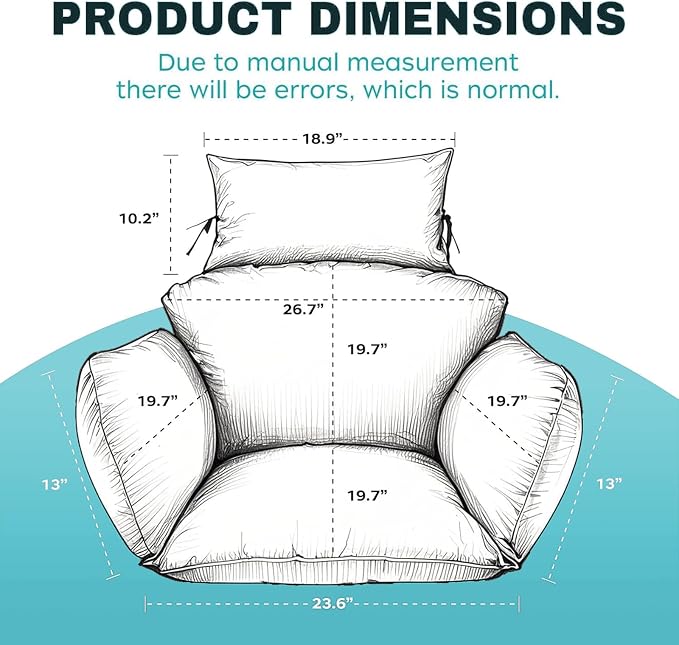 Egg Chair Cushion Replacement, Waterproof Thicken Hanging Egg Swing Chair Cushion for Outdoor Furniture, Wicker Rattan Hammock Basket Cushion with Headrest Pillow 47x31.5x4.7 inch(Teal)