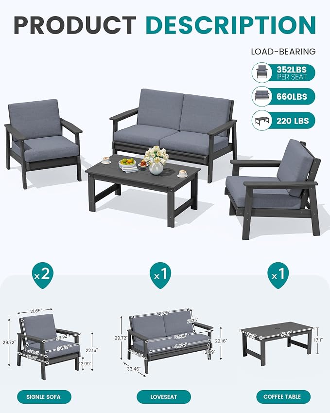 SERWALL HDPE Outdoor Furniture Set 4, All Weather Wood-Like Outdoor Sofa Sectional Couch, Grey Patio Furniture Set with Grey Cushions