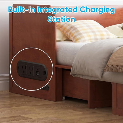 Mjkone Murphy Bed, Queen Hidden Cabinet Bed with Built-in USB Charging Station and 2 Storage Drawers, Murphy Wall Beds Cabinet Beds for Living Room, Guest Room, Apartment, Brown (No Mattress)