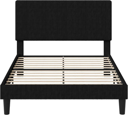 Allewie Queen Size Upholstered Bed Frame with Vertical Channel Tufted Headboard, Soft Corduroy Fabric Platform Bed, Strong Wooden Slats Support, Easy Assembly, No Box Spring Needed, Black
