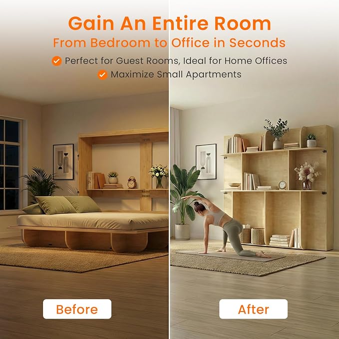 CECER Horizontal Murphy Bed Queen，Save Space for Offices/Guest-Natural Wood | Multi-Functional Queen Murphy Cabinet Beds with Storage Shelf/Bookshelf，Sturdy frame ＆ Easy Assemble