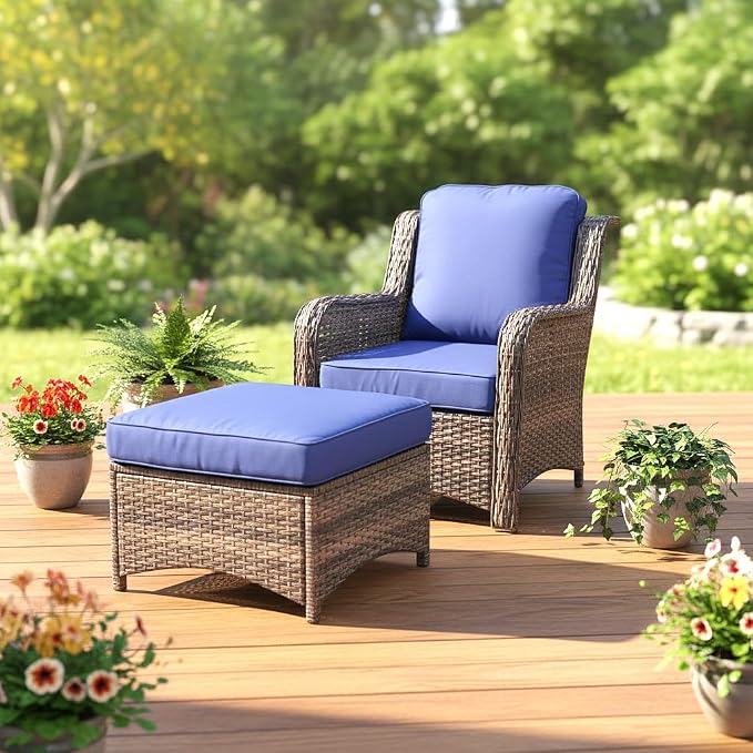 2 Pieces Patio Wicker Furniture Set, High Back Wicker Patio Chair Set with Ottoman, Outdoor Porch Chair with Thick Cushion for Balcony Deck Yard and Porch, Blue