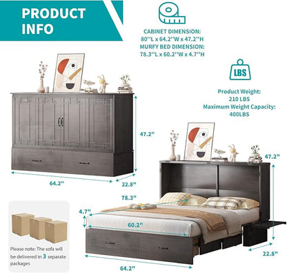 BALUS Queen Murphy Bed with Mattress Included, Cabinet Bed with Mattress & Built-in USB Ports & Storage Drawer, Space-Saving Murphy Beds Cabinet Guest Beds for Office/Apartment- Grey