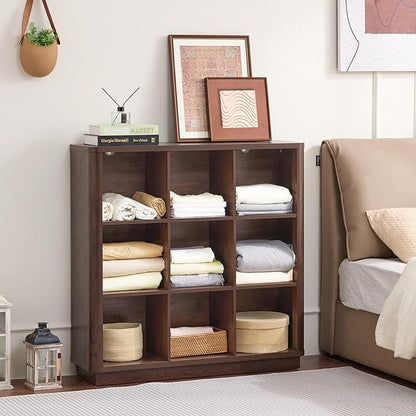 Joaxswe 9 Cube Bookshelf, 40.5" Wide Organizer Bookcase with Curved Edge, Wood Floor Standing 3-Tier Cubby Book Shelf with Base, Vintage Display Storage Cabinet for Living Room, Home Office, Walnut