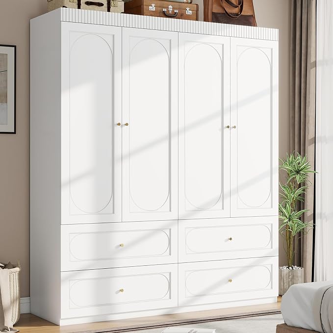 Armoire Wardrobe Closet with Drawers: 74 Inch Tall 4 Door Armoire Wardrobe Closet with 4 Drawers, Wood Modern Wardrobes Cabinet for Bedroom (White)