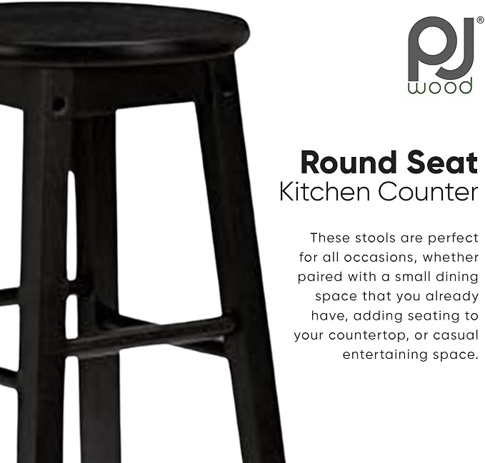 PJ Wood Classic Round Seat 24 Inch Tall Kitchen Counter Stools for Homes, Dining Spaces, and Bars with Backless Seats, Square Legs, Black, Set of 2