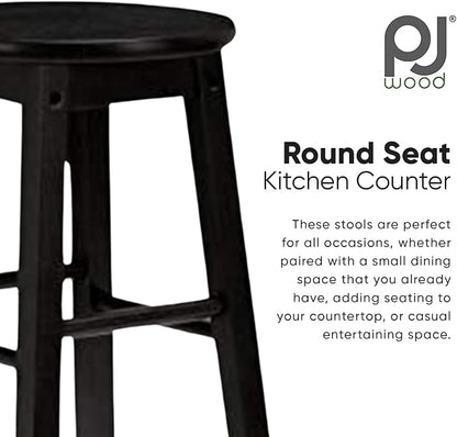 PJ Wood Classic Round Seat 24 Inch Tall Kitchen Counter Stools for Homes, Dining Spaces, and Bars with Backless Seats, Square Legs, Black, Set of 2