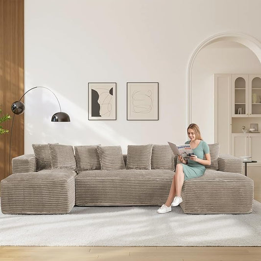 131" Oversized U Shaped Cloud Sectional Couches for Living Room, Comfy Fluffy Corduroy Light Brown Boneless Sectionals Couch, Plush Memory Foam Modular Sectional Sofa with Chaise- 19" Seat Height