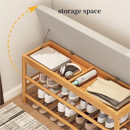 Bamboo Entryway Bench Upholstered Shoe Storage Bench Shoe Rack Bench Shoe Organizer Rack for Hallway Living Room Closet Front Door,Living Room