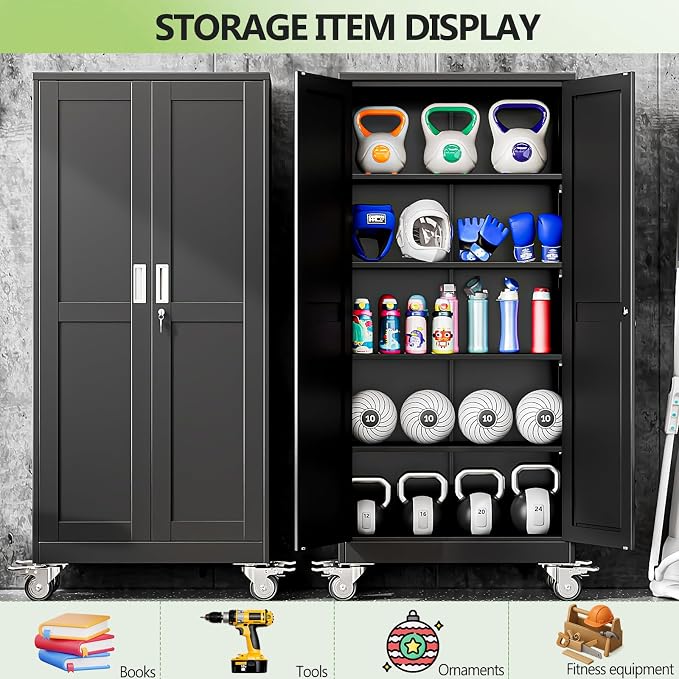 Metal Garage Storage Cabinet, 71”Tall Rolling Utility Cabinet Black | storage system with Wheels, Lock, 4 Adjustable Shelves, Heavy Duty Steel Tool Locker for Home Office, Utility Room, Gym