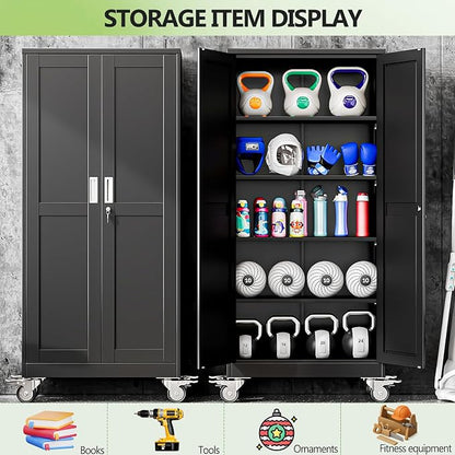 Metal Garage Storage Cabinet, 71”Tall Rolling Utility Cabinet Black | storage system with Wheels, Lock, 4 Adjustable Shelves, Heavy Duty Steel Tool Locker for Home Office, Utility Room, Gym